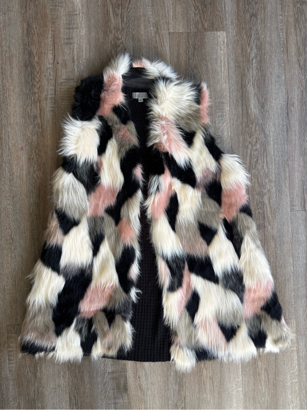 Joseph A Faux Fur Patchwork Vest in Black, Cream & Pink